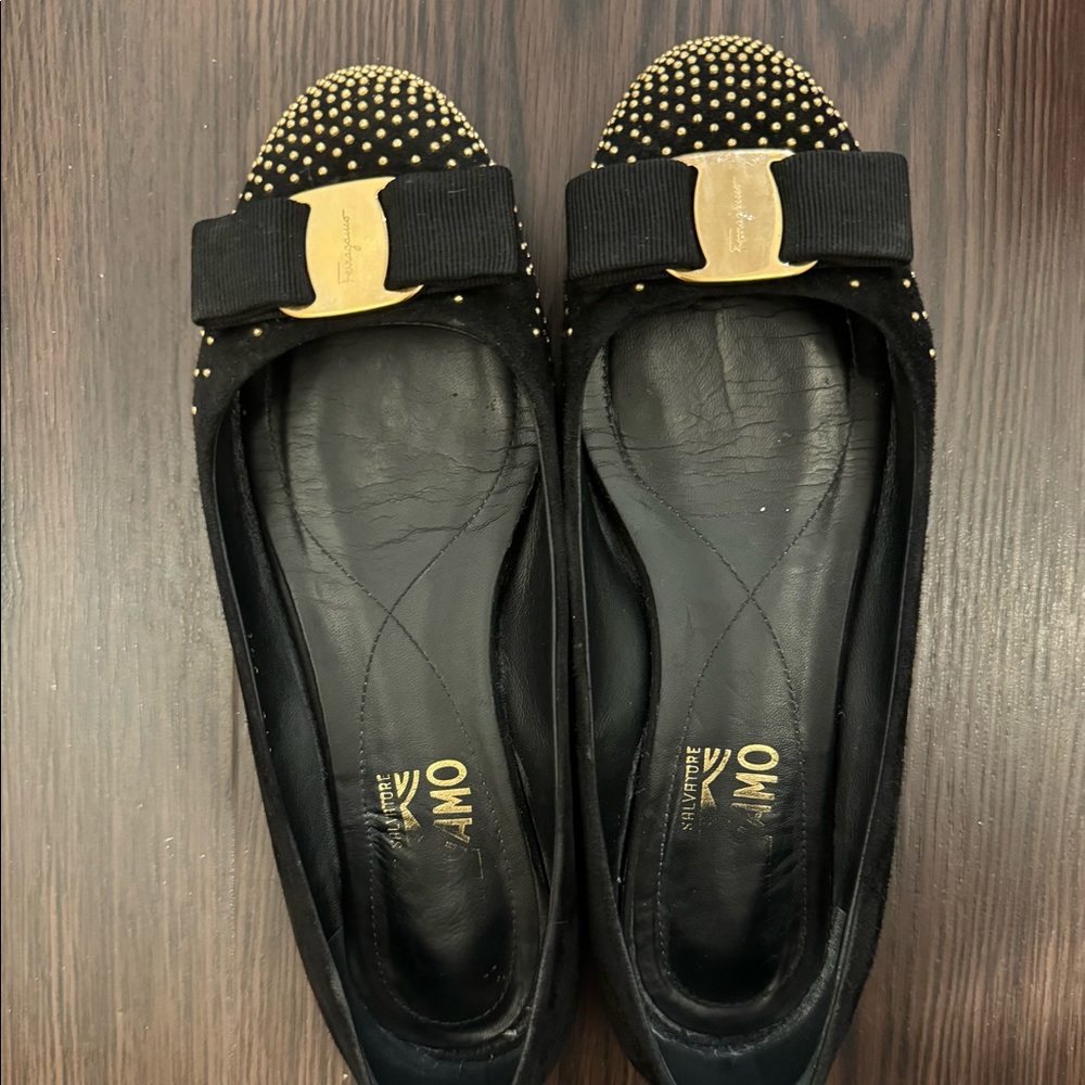 Salvatore Ferragamo Varina Flat black suede with studs size 5.5 C
